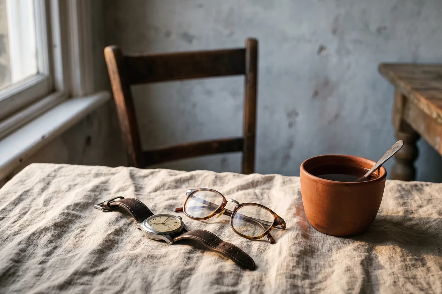 An old wristwatch and a pair of reading glasses set down together on oat linen, a terracotta cup of tea gone cold beside them, the empty chair beyond falling out of focus