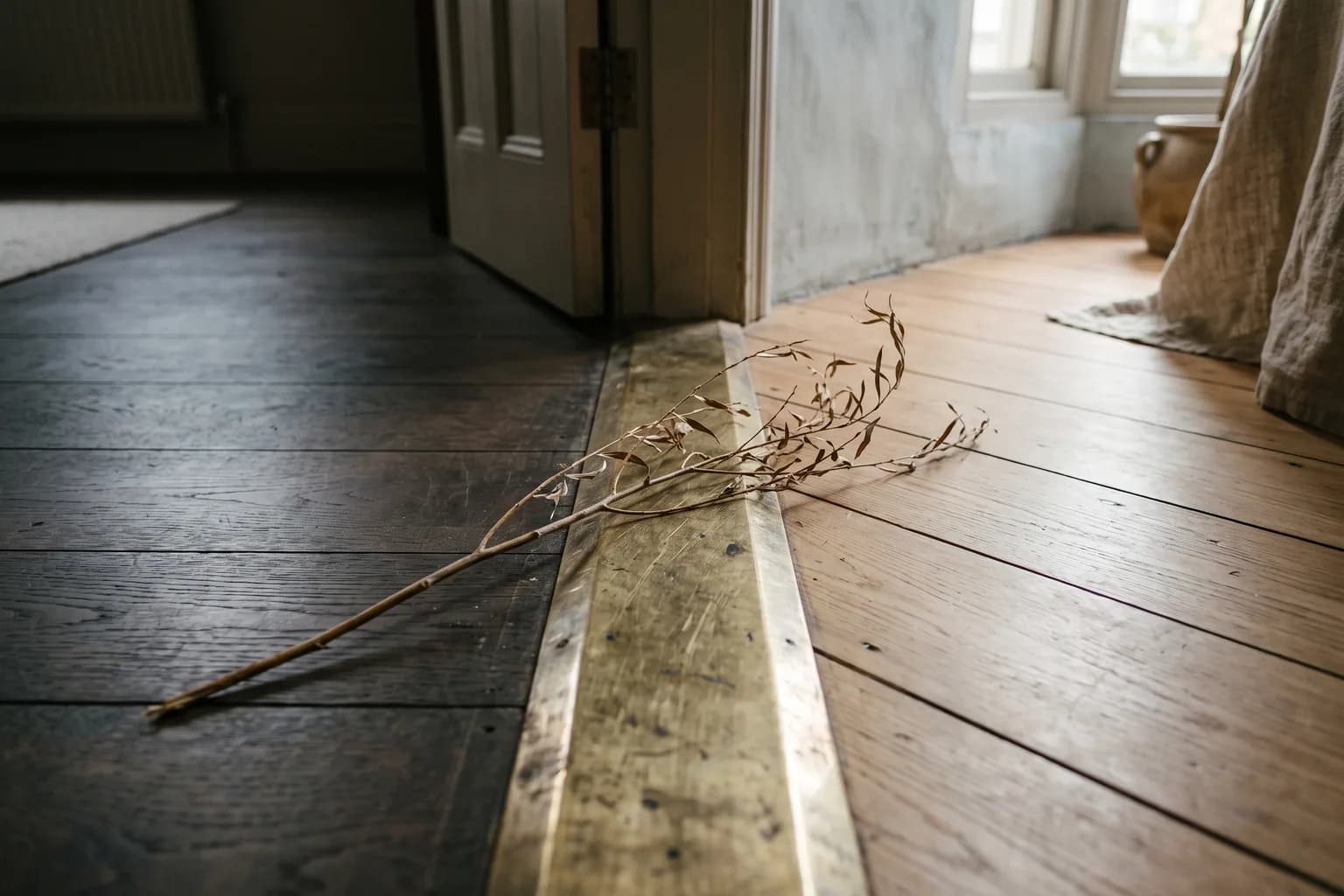 A worn brass threshold strip between two floors seen close and low, one room dim and one bright, a dried willow stem lying across the line, the floorboards changing direction at the join
