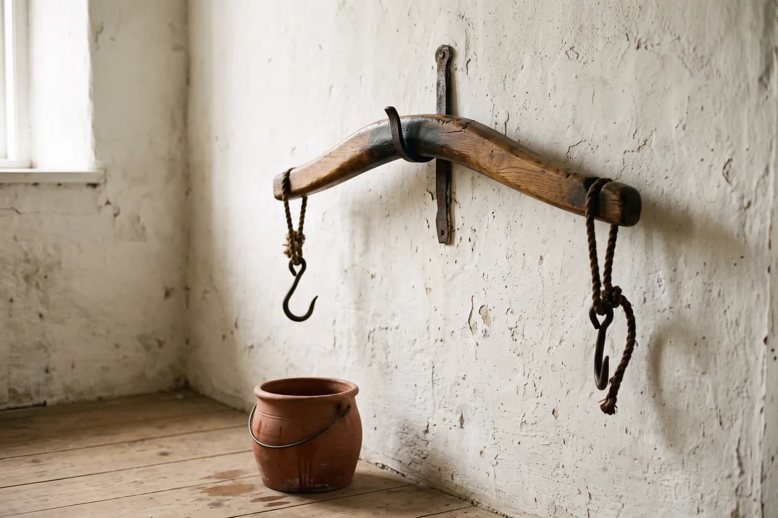 An old milkmaid's curved wooden carrying yoke hung alone on an iron bracket against a bare whitewashed plaster wall, the underside of its long sweep rubbed glassy and darkened where the burden rode for decades