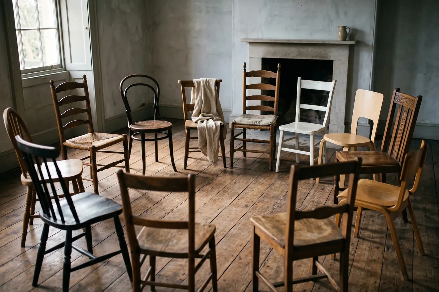 A ring of mismatched kitchen chairs pulled into a rough circle on bare floorboards in an otherwise empty hall, every chair a different make and height, nobody in the room