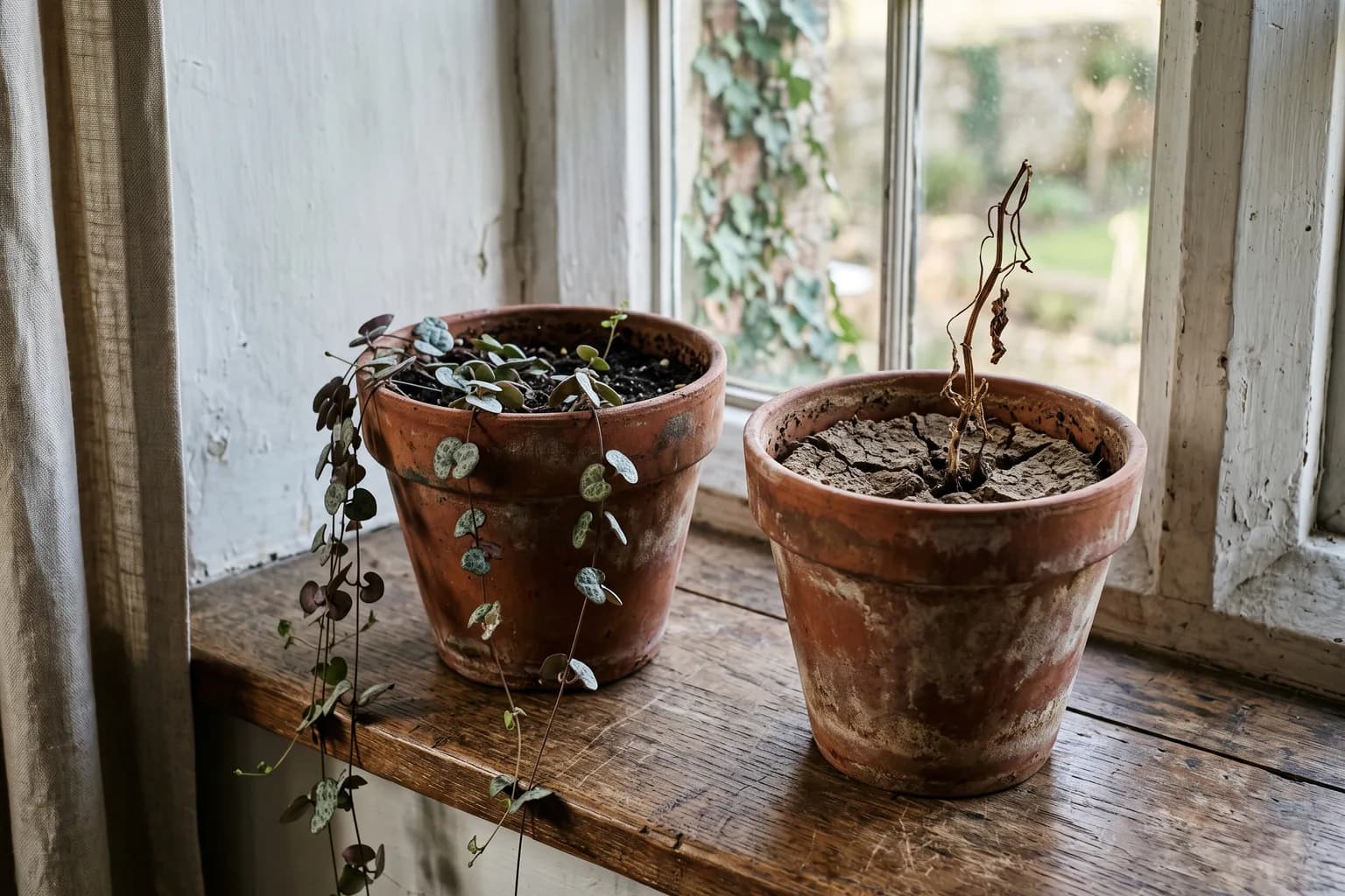 Two terracotta plant pots side by side on a worn windowsill, one holding a living trailing plant and the other only dry cracked soil and a bare shrivelled stem