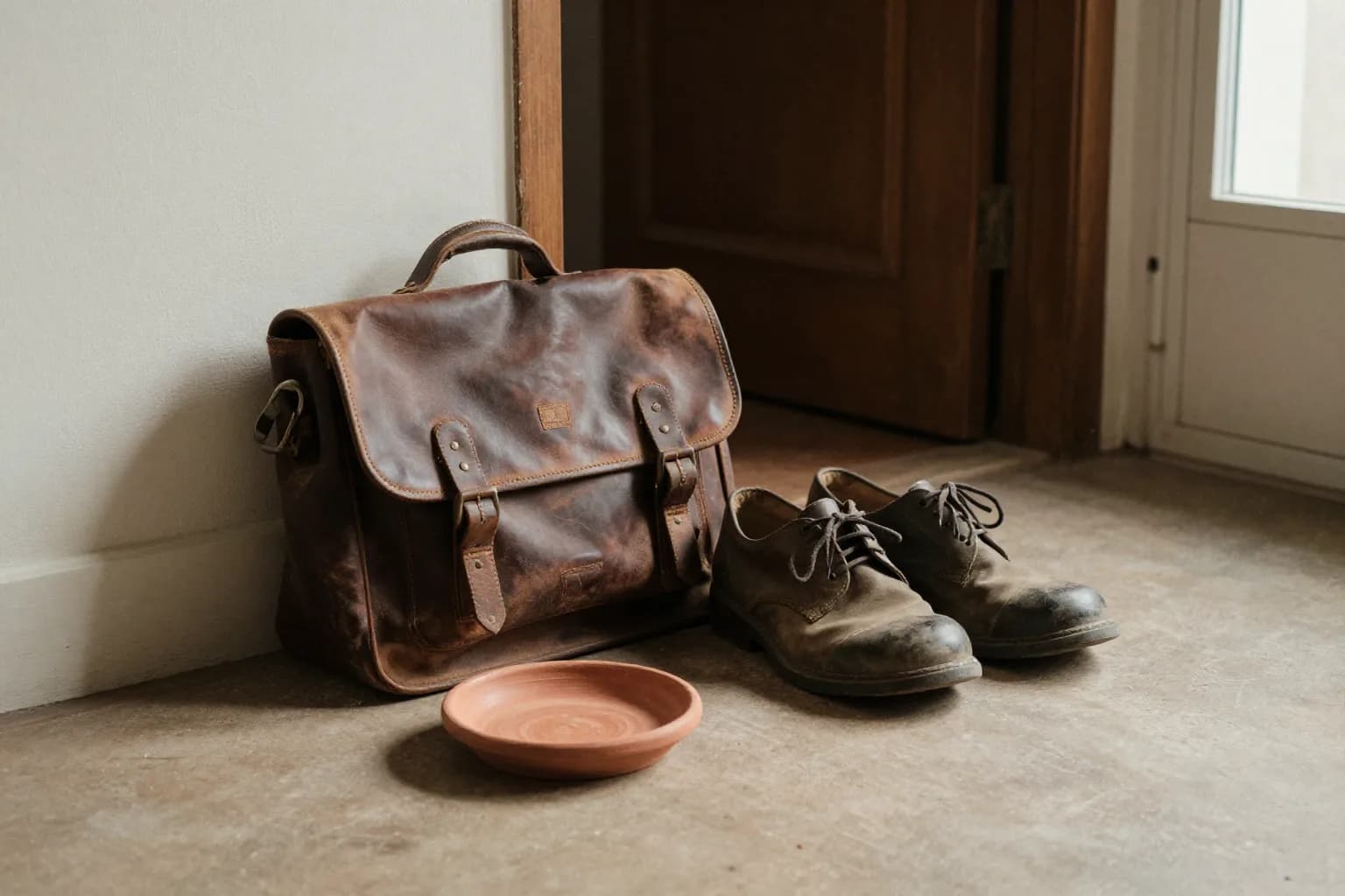 An old leather satchel and a pair of worn work shoes at the foot of a sunlit doorway