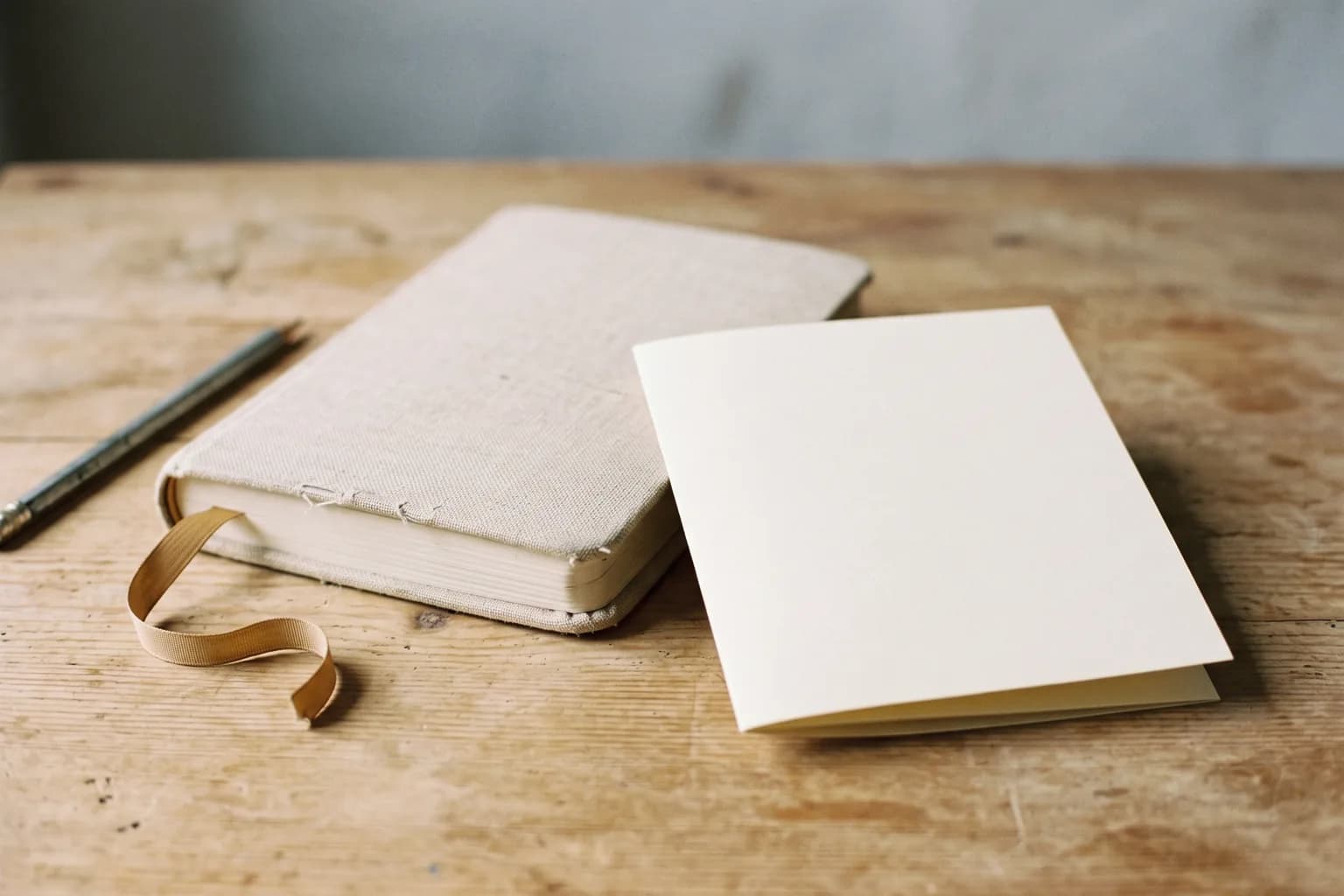 A closed soft cloth-bound notebook with a fabric marker ribbon lying beside a sharply folded blank leaflet on a scrubbed pine board, the notebook rounded and yielding and the leaflet stiff and square-edged