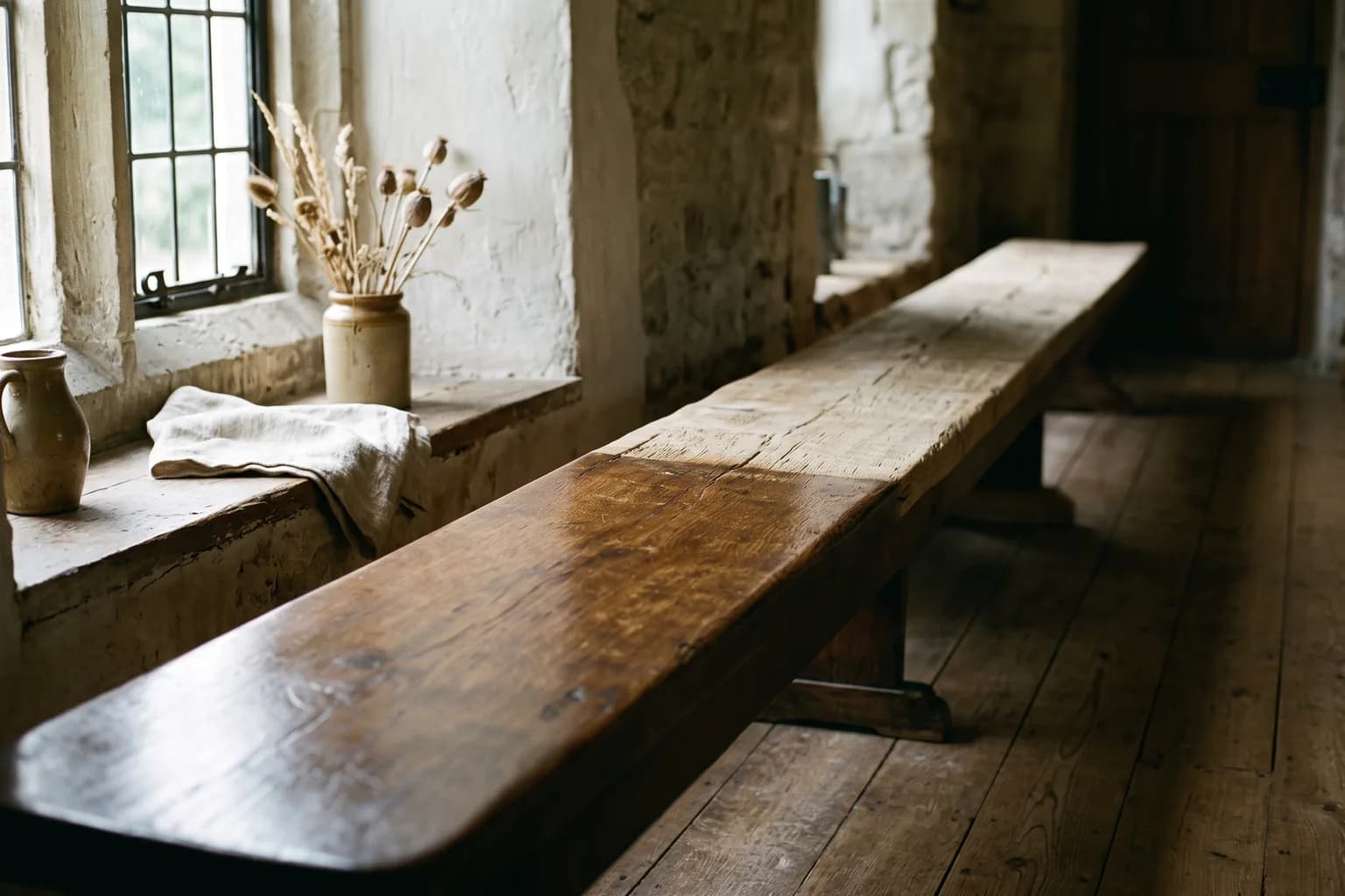A long refectory bench seen down its length in soft window light, the seat polished to a shine at the near end and still rough-sawn and pale at the far end, the wear fading gradually rather than stopping