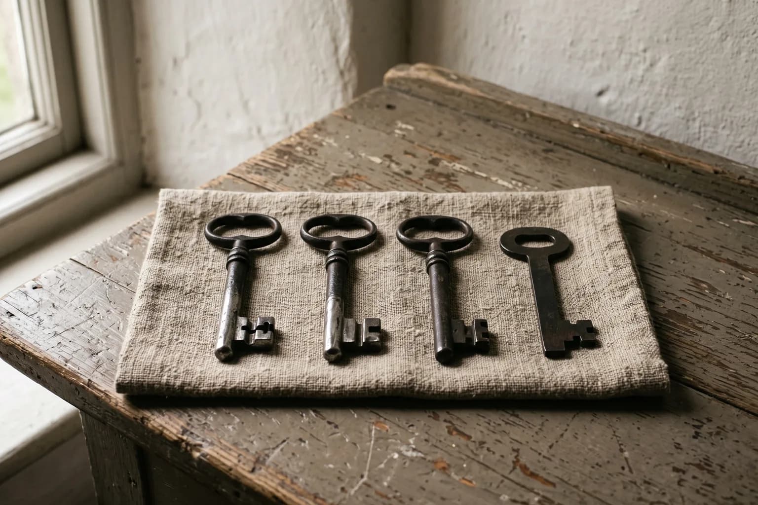 Four iron keys laid in a row on oat linen over painted deal, three of them the same pattern and worn bright at the bit, the fourth a different cut entirely and still dull